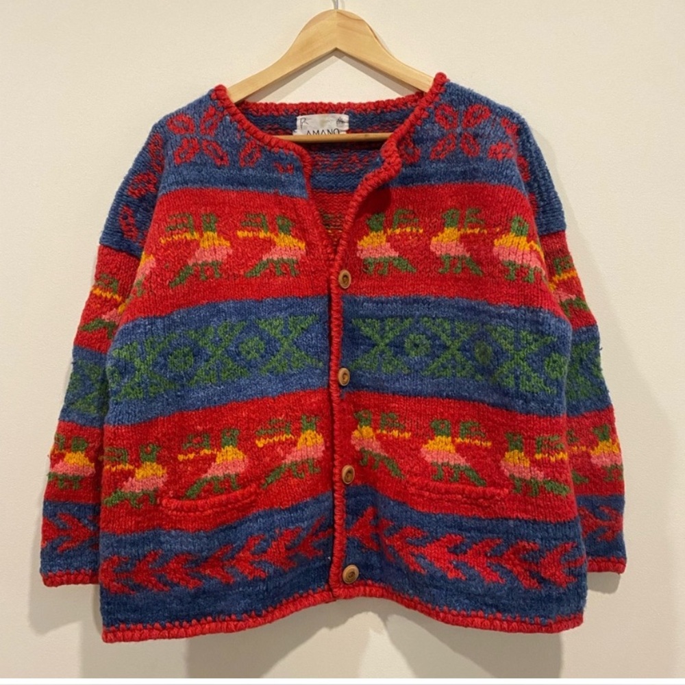 AMANO Vintage Wool hand knit intarsia sweater cardigan
